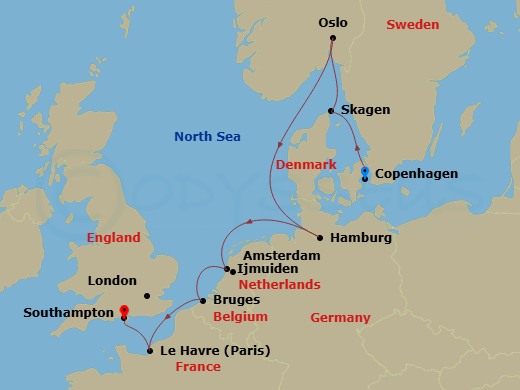 NCL Norwegian Jewel Cruise Tours - 12 Night - Pre Cruisetour Classic and Modern Copehagen - NCL Norwegian Jewel Cruise Tours - Starting in At Hotel, Copenhagen, Denmark, Skagen, Denmark, Oslo,.. itinerary map