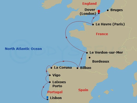 Carnival Miracle - 9 Night - Spain Portugal & France - Carnival Miracle - Starting in Lisbon, Portugal, Leixoes (Porto), Portugal, Vigo, Spain, La Coruna, Spain, Bilbao, Le Verd.. itinerary map