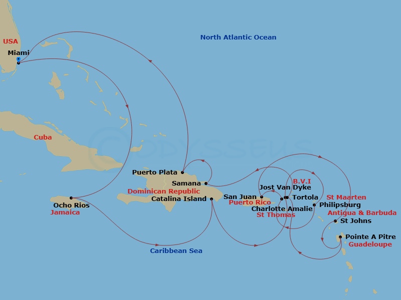 EXPLORA III - 16 Night - An Extended Journey of Sparkling Skies & Dramatic Natural Beauty - EXPLORA III - Starting in Miami, Ocho Rios, Jamaica, Isla Catalina, Jost Van Dyk.. itinerary map