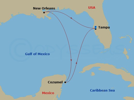 NCL Norwegian Gem - 7 Night - Western Caribbean - Tampa - NCL Norwegian Gem - Starting in Tampa, Fl, Cozumel, Mexico, New Orleans, La, Tampa, Fl itinerary map