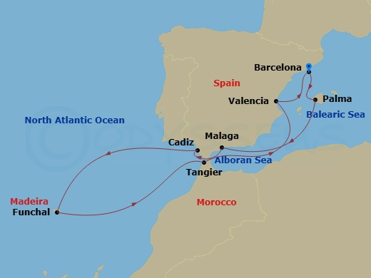 Resilient Lady - 11 Night - Solar Eclipse : Spain, Portugal, Morocco - Resilient Lady - Starting in Barcelona, Spain, Palma De Mallorca, Spain, Malaga, Spain, Seville (Cadiz),.. itinerary map