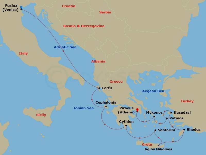 Azamara Onward - 11 Night - Greece Intensive Cruise : Corfu, Santorini & Patmos - Azamara Onward - Starting in Venice (Fusina), Corfu, Argostoli, Gythion, Santorini, Agios Nik.. itinerary map