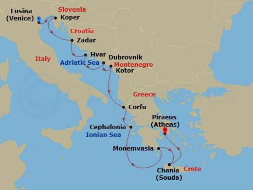Azamara Onward - 10 Night - Croatia & Greece Cruise : Zadar, Split & Corfu - Azamara Onward - Starting in Venice (Fusina), Koper, Zadar, Hvar, Dubrovnik, Croatia, Kotor, Corfu.. itinerary map