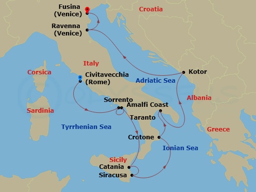 Azamara Onward - 11 Night - Italy Intensive Cruise : Rome, Amalfi & Venice - Azamara Onward - Starting in Rome (Civitavecchia), Sorrento, Amalfi, Catania, (Sicily), Siracusa,.. itinerary map