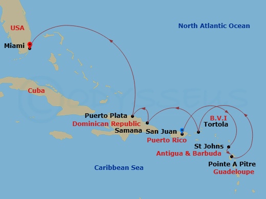 EXPLORA III - 8 Night - A Journey of Spectacular Festivities & Caribbean Wonders - EXPLORA III - Starting in San Juan, St Johns AG, Antigua, Pointe-a-Pitre, Tortola / Road.. itinerary map
