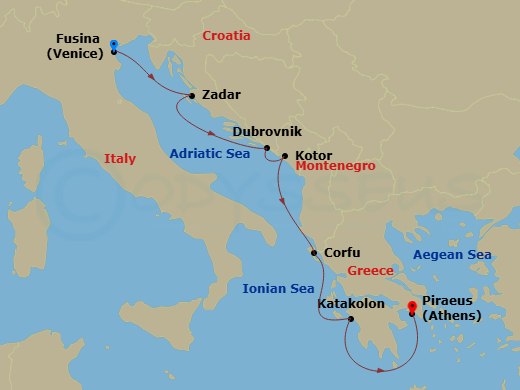 7 Night - Venice, the Adriatic & Greece - Viking Jupiter - Starting in Venice (Fusina), Zadar, Dubrovnik, Croatia, Kotor, Corfu (Kerkyra), Katakolon (Olympia), Athens (Piraeus) itinerary map