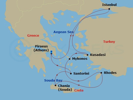 Scarlet Lady - 11 Night - Istanbul Delights & Santorini Dreams - Scarlet Lady - Starting in Athens (Piraeus), Greece, Istanbul, Turkey, Ephesus (Kusadasi), Turkey, Mykonos,.. itinerary map