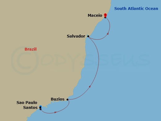MSC Virtuosa - 4 Night - South America - MSC Virtuosa - Starting in Santos (Sao Paulo), Brazil, Buzios, Brazil, Salvador, Brazil, Maceio, Brazil itinerary map