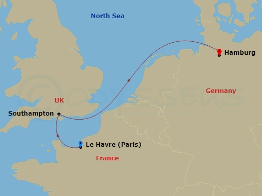MSC Preziosa - 3 Night - Northern Europe - MSC Preziosa - Starting in Le Havre (Paris), France, Southampton (London), United Kingdom, Hamburg, Germany itinerary map