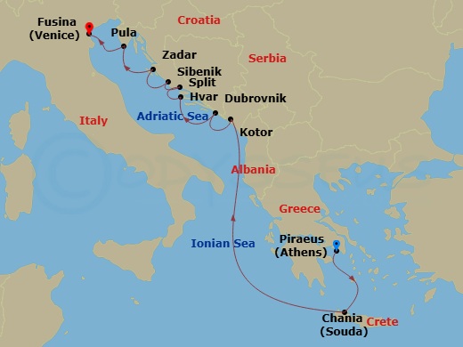 Azamara Onward - 10 Night - Croatia Intensive Cruise : Dubrovnik, Sibenik & Split - Azamara Onward - Starting in Athens (Piraeus), Chania, Crete, Kotor, Dubrovnik, Croatia, Hv.. itinerary map
