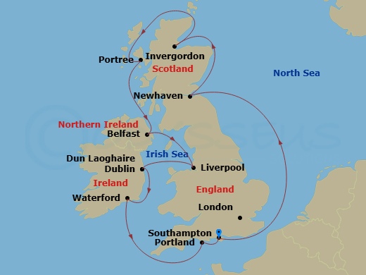 NCL Norwegian Sky Cruise Tours - 13 Night - Tower of London & Garden of England Pre Cruisetour - NCL Norwegian Sky Cruise Tours - Starting in At Hotel, London (Southampton), United Kingdom, E.. itinerary map