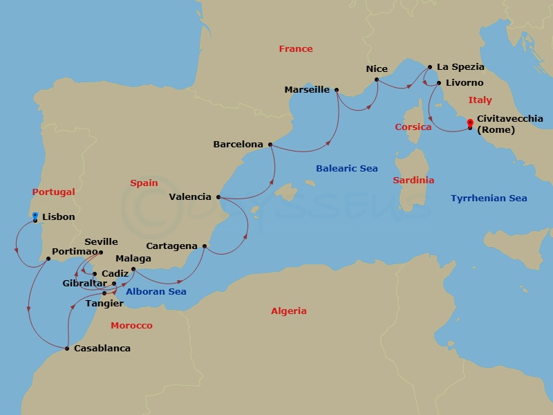 Azamara Onward - 18 Night - Mediterranean & North Africa Voyage : Portugal, Morocco & Italy - Azamara Onward - Starting in Lisbon, Portimao, Casablanca, Tangier, Cadiz, Sevill.. itinerary map