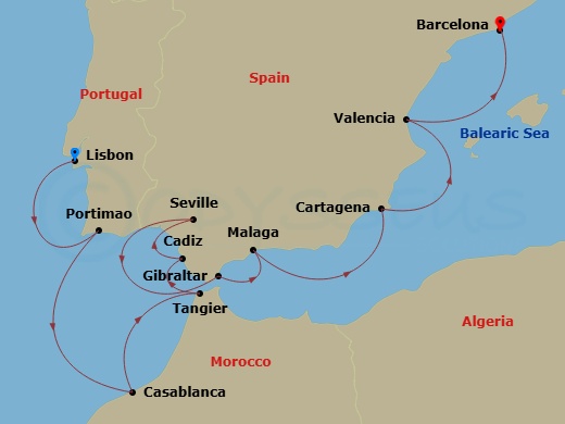Azamara Onward - 11 Night - Spain Intensive Cruise : Portugal, Morocco & Spain Cruise - Azamara Onward - Starting in Lisbon, Portimao, Casablanca, Tangier, Cadiz, Seville, Gib.. itinerary map