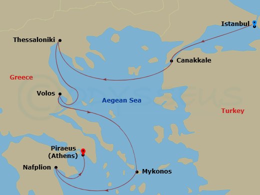 Azamara Onward - 7 Night - Greece Intensive Cruise : Thessaloniki, Volos & Mykonos - Azamara Onward - Starting in Istanbul, Canakkale (Kepez), Thessaloniki, Volos, Mykonos, Na.. itinerary map