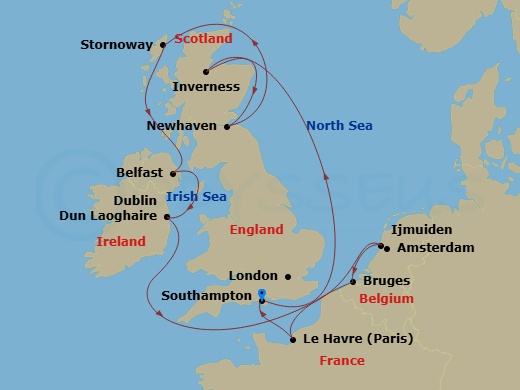 11 Night - Europe - British Isles - Norwegian Sky - Starting in London (Southampton), United Kingdom, Invergordon (Inverness), United Kingdom, Edinburgh (Newhaven), Scotland, United Kingdom, Stornoway, Scotland, United Kingdom, Belfast, Northern Ireland, United Kingdom, Dublin / Dun Laoghaire, Ireland, Amsterdam / Ijmuiden, Netherlands, Zeebrugge / Brussels / Brugge, Belgium, Le Havre / Paris, France, London (Southampton), United Kingdom itinerary map