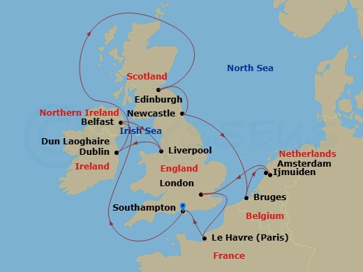 NCL Norwegian Sky - 11 Night - Europe - British Isles - NCL Norwegian Sky - Starting in London (Southampton), United Kingdom, Belfast, Northern Ireland, United Kingdom, Liverpool.. itinerary map