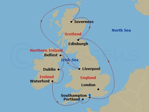 NCL Norwegian Sky - 10 Night - Europe - British Isles - NCL Norwegian Sky - Starting in London (Southampton), United Kingdom, South Queensferry, Edinburgh, United Kingdom, Inverg.. itinerary map