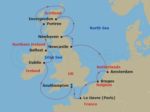 NCL Norwegian Sky - 11 Night - Europe - British Isles - NCL Norwegian Sky - Starting in London (Southampton), United Kingdom, Dublin / Dun Laoghaire, Ireland, Belfast, Northern I.. itinerary map
