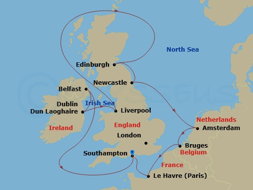 NCL Norwegian Sky - 11 Night - Europe - British Isles - NCL Norwegian Sky - Starting in London (Southampton), United Kingdom, Belfast, Northern Ireland, United Kingdom, Dublin /.. itinerary map