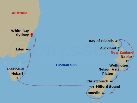Azamara Pursuit - 16 Night - New Zealand & Australia Cruise : Auckland, Wellington & Hobart - Azamara Pursuit - Starting in Auckland, Bay of Islands, Napier, Wellington, Nelson.. itinerary map
