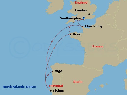 7 Night - Northern Europe - MSC Meraviglia - Starting in Southampton (London), United Kingdom, Brest, France, Lisbon (Cascais), Portugal, Vigo (Santiago De Compostela), Spain, Cherbourg (Mont Saint-Michel), France, Southampton (London), United Kingdom itinerary map