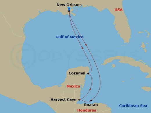 NCL Norwegian Escape - 7 Night - Western Caribbean - New Orleans - NCL Norwegian Escape - Starting in New Orleans, La, Roatan Bay Islands, Honduras, Harvest Caye, Belize, Cozumel, M.. itinerary map