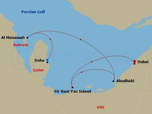 MSC Euribia - 6 Night - Dubai, Abu Dhabi & Qatar - MSC Euribia - Starting in Doha, Qatar, Bahrain, Abu Dhabi, United Arab Emirates, Sir Baniyas Island, UAE, Dubai, United A.. itinerary map