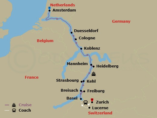 10 Night - Christmas Markets On the Rhine & Lucerne - Zurich - Emerald Star - Starting in Amsterdam, Dusseldorf / Cologne, Koblenz, Mannheim (Heidelberg), Kehl / Strasbourg, Breisach, Basel / Lucerne, Lucerne, Lucerne / Zurich, Zurich itinerary map