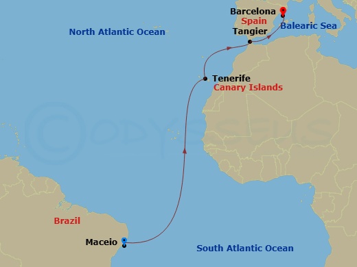 11 Night - Msc Grand Voyages - MSC Virtuosa - Starting in Maceio, Brazil, Santa Cruz de Tenerife, Tangier (Tetouan), Morocco, Barcelona, Spain itinerary map