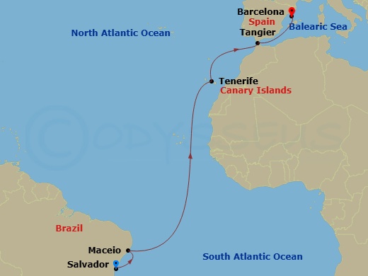 13 Night - Msc Grand Voyages - MSC Virtuosa - Starting in Salvador, Brazil, Maceio, Brazil, Santa Cruz de Tenerife, Tangier (Tetouan), Morocco, Barcelona, Spain itinerary map