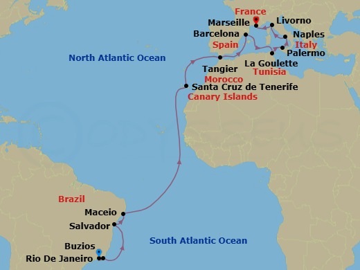 22 Night - Msc Grand Voyages - MSC Virtuosa - Starting in Rio De Janeiro, Brazil, Buzios, Brazil, Salvador, Brazil, Maceio, Brazil, Santa Cruz de Tenerife, Tangier (Tetouan), Morocco, Barcelona, Spain, La Goulette, Tunisia, Palermo (Monreale), Italy, Naples (Pompeii), Italy, Livorno (Florence), Italy, Marseille (Provence), France itinerary map
