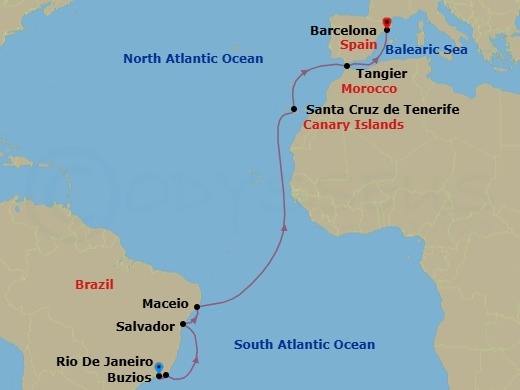 16 Night - Msc Grand Voyages - MSC Virtuosa - Starting in Rio De Janeiro, Brazil, Buzios, Brazil, Salvador, Brazil, Maceio, Brazil, Santa Cruz de Tenerife, Tangier (Tetouan), Morocco, Barcelona, Spain itinerary map
