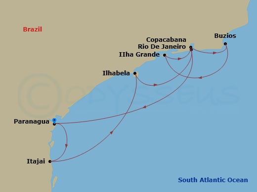 7 Night - South America - MSC Virtuosa - Starting in Santos (Sao Paulo), Brazil, Buzios, Brazil, Salvador, Brazil, Copacabana (Rio de Janeiro), Brazil, Ilhabela, Brazil, Santos (Sao Paulo), Brazil itinerary map