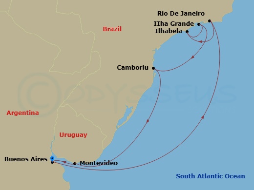 MSC Splendida - 9 Night - South America - MSC Splendida - Starting in Buenos Aires, Argentina, Rio De Janeiro, Brazil, Ilhabela, Brazil, Ilha Grande, Brazil, Camboriu, Brazil.. itinerary map