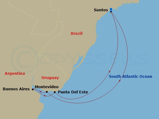 MSC Musica - 8 Night - South America - MSC Musica - Starting in Santos (Sao Paulo), Brazil, Montevideo, Uruguay, Buenos Aires, Argentina, Punta Del Este, Uruguay, Santos (.. itinerary map