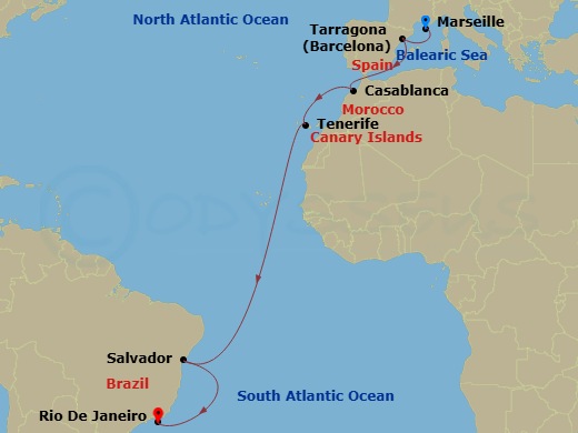 MSC Musica - 14 Night - Msc Grand Voyages - MSC Musica - Starting in Marseille (Provence), France, Tarragona, Spain, Casablanca (Marrakesh), Morocco, Santa Cruz de Tenerif.. itinerary map