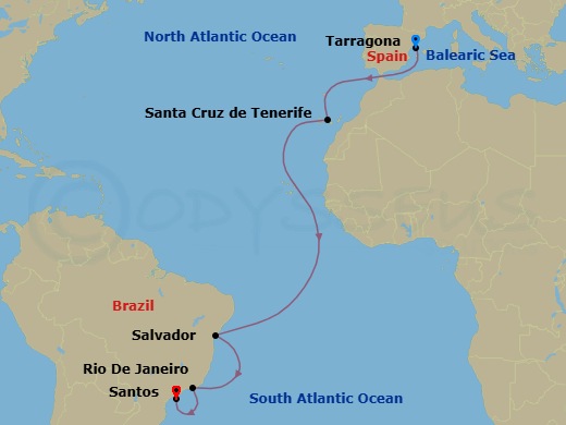 14 Night - Msc Grand Voyages - MSC Divina - Starting in Tarragona, Spain, Santa Cruz de Tenerife, Salvador, Brazil, Rio De Janeiro, Brazil, Santos (Sao Paulo), Brazil itinerary map