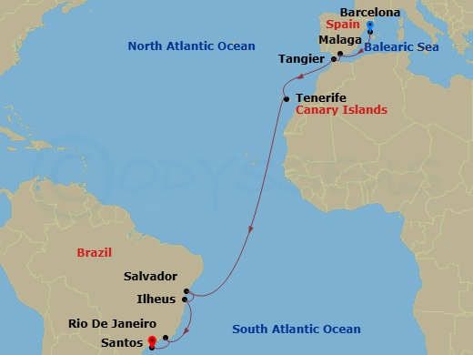 MSC Lirica - 16 Night - Msc Grand Voyages - MSC Lirica - Starting in Barcelona, Spain, Malaga (Granada), Spain, Tangier (Tetouan), Morocco, Santa Cruz de Tenerife, Salvado.. itinerary map