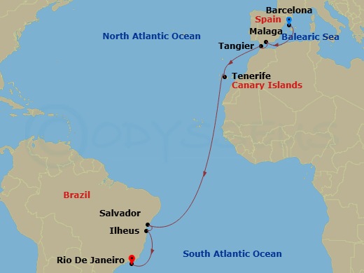 MSC Lirica - 15 Night - Bcn - MSC Lirica - Starting in Barcelona, Spain, Malaga (Granada), Spain, Tangier (Tetouan), Morocco, Santa Cruz de Tenerife, Salvador, Brazil, Ilh.. itinerary map