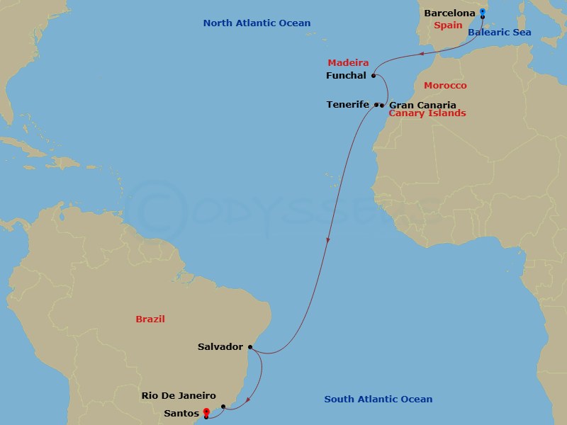 MSC Virtuosa - 16 Night - Msc Grand Voyages - MSC Virtuosa - Starting in Barcelona, Spain, Funchal (Madeira Islands), Portugal, Las Palmas de Gran Canaria (Canary Islands),.. itinerary map