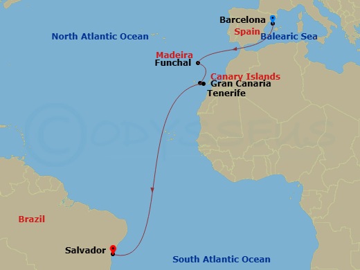 MSC Virtuosa - 12 Night - Msc Grand Voyages - MSC Virtuosa - Starting in Barcelona, Spain, Funchal (Madeira Islands), Portugal, Las Palmas de Gran Canaria (Canary Islands),.. itinerary map