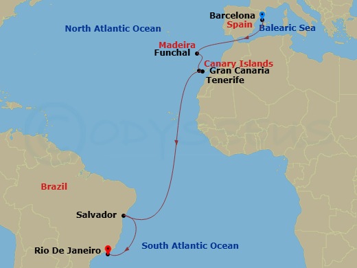 MSC Virtuosa - 15 Night - Msc Grand Voyages - MSC Virtuosa - Starting in Barcelona, Spain, Funchal (Madeira Islands), Portugal, Las Palmas de Gran Canaria (Canary Islands),.. itinerary map