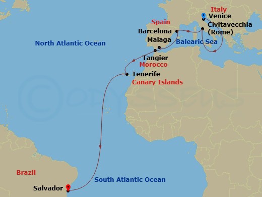 MSC Lirica - 17 Night - Vce - MSC Lirica - Starting in Venice / Marghera, Italy, Civitavecchia (Rome), Italy, Barcelona, Spain, Malaga (Granada), Spain, Tangier (Tetouan),.. itinerary map