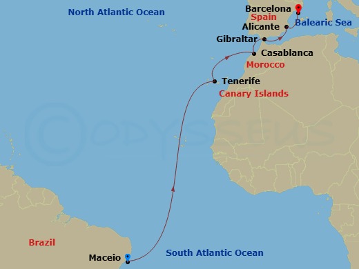 12 Night - Msc Grand Voyages - MSC Divina - Starting in Maceio, Brazil, Santa Cruz de Tenerife, Casablanca (Marrakesh), Morocco, Gibraltar, Alicante, Spain, Barcelona, Spain itinerary map