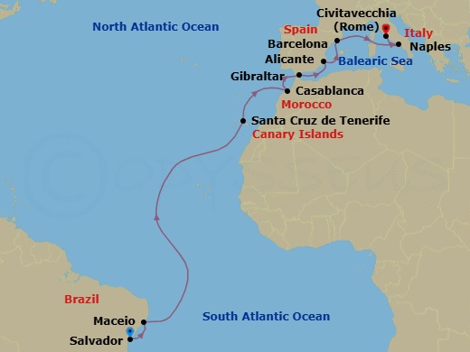 16 Night - Msc Grand Voyages - MSC Divina - Starting in Salvador, Brazil, Maceio, Brazil, Santa Cruz de Tenerife, Casablanca (Marrakesh), Morocco, Gibraltar, Alicante, Spain, Barcelona, Spain, Naples (Pompeii), Italy, Civitavecchia (Rome), Italy itinerary map