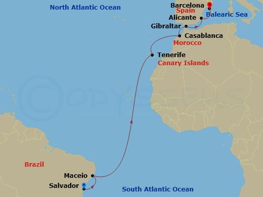 MSC Divina - 13 Night - Ssa - MSC Divina - Starting in Salvador, Brazil, Maceio, Brazil, Santa Cruz de Tenerife, Casablanca (Marrakesh), Morocco, Gibraltar, Alicante, Spai.. itinerary map