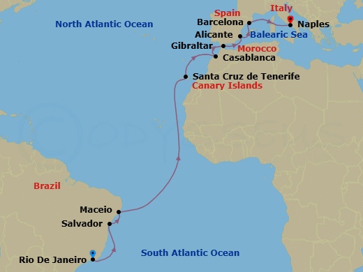 17 Night - MSC Grand Voyages - MSC Divina - Starting in Rio De Janeiro, Brazil, Salvador, Brazil, Maceio, Brazil, Santa Cruz de Tenerife, Casablanca (Marrakesh), Morocco, Gibraltar, Alicante, Spain, Barcelona, Spain, Naples (Pompeii), Italy itinerary map