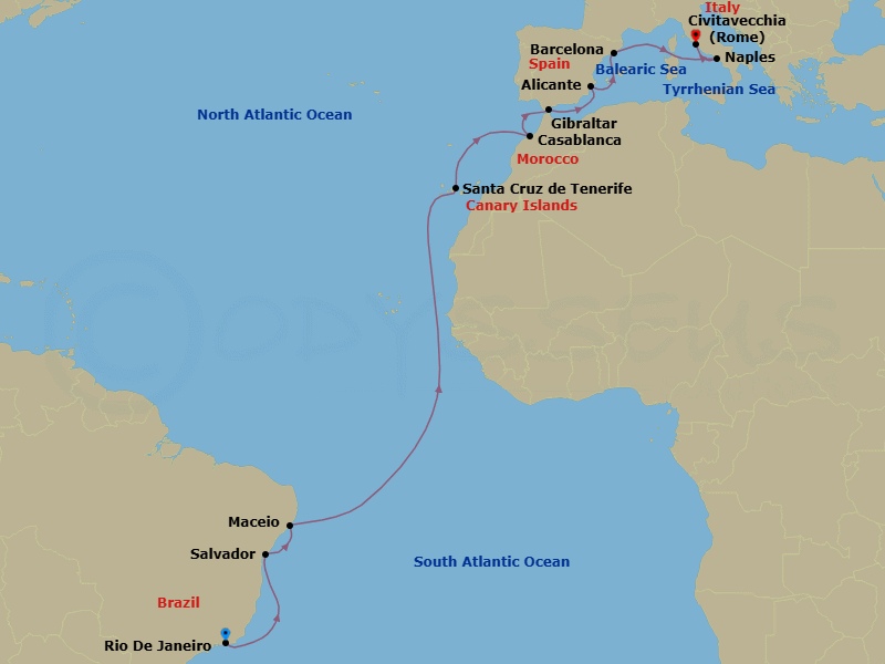 18 Night - Msc Grand Voyages - MSC Divina - Starting in Rio De Janeiro, Brazil, Salvador, Brazil, Maceio, Brazil, Santa Cruz de Tenerife, Casablanca (Marrakesh), Morocco, Gibraltar, Alicante, Spain, Barcelona, Spain, Naples (Pompeii), Italy, Civitavecchia (Rome), Italy itinerary map