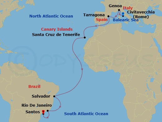 17 Night - Msc Grand Voyages - MSC Divina - Starting in Civitavecchia (Rome), Italy, Genoa (Portofino), Italy, Tarragona, Spain, Santa Cruz de Tenerife, Salvador, Brazil, Rio De Janeiro, Brazil, Santos (Sao Paulo), Brazil itinerary map
