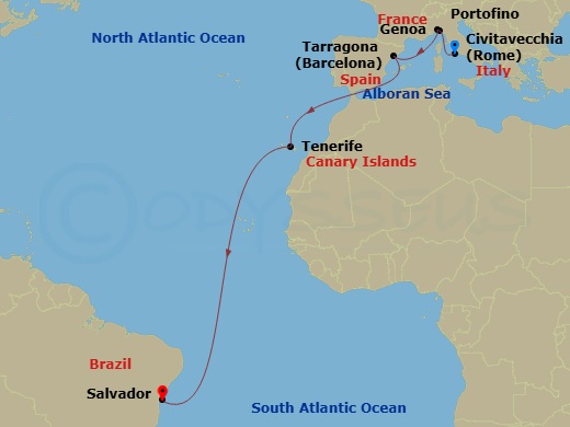 MSC Divina - 13 Night - Cvv - MSC Divina - Starting in Civitavecchia (Rome), Italy, Genoa (Portofino), Italy, Tarragona, Spain, Santa Cruz de Tenerife, Salvador, Brazil itinerary map